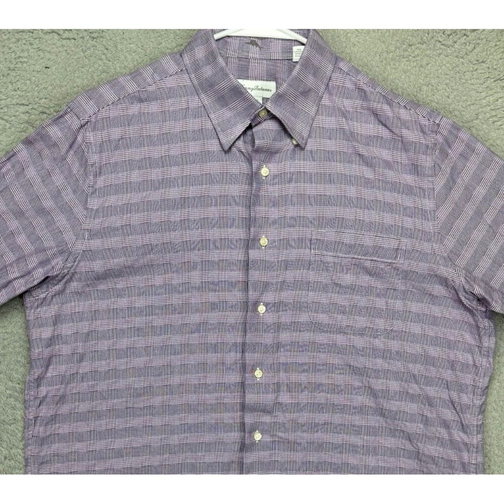 Tommy Bahama Shirt Men 16.5 34-35 Purple Houndstooth 100% Cotton Dress Button Up